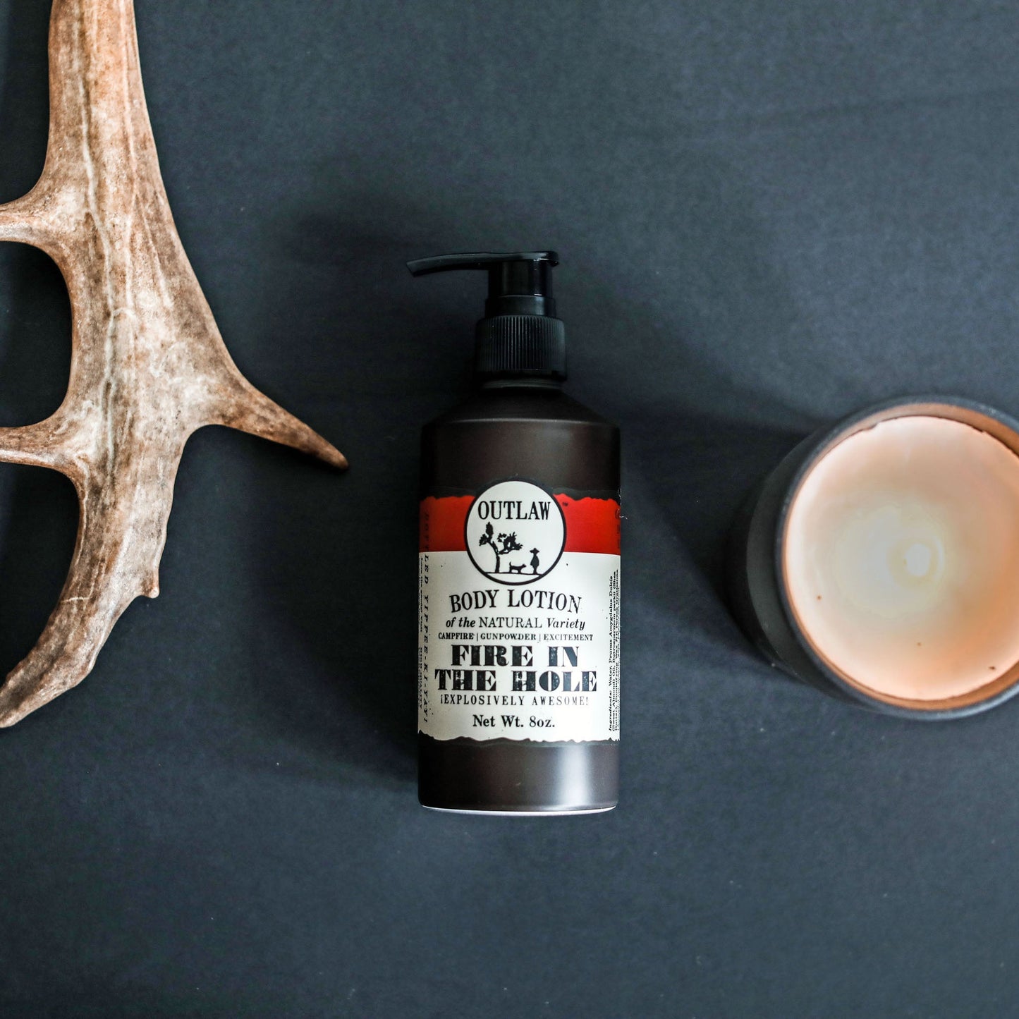 Natural body lotion with Fire in the Hole campfire scent by Outlaw